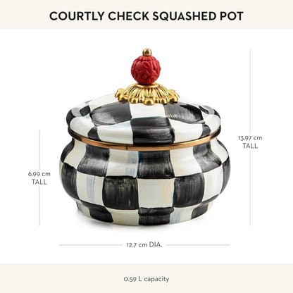 MACKENZIE-CHILDS Enamel Squashed Pot, Black-and-White Courtly Check | Hand-painted design, decorative container with lid, made from enameled steel, 5" dia. x 5.5" H, 20-ounce capacity