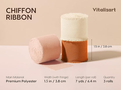 Vitalizart Fall Handmade Chiffon Silk Ribbon Fringe 1.5" x 21 Yd Terracotta Cream Frayed Edges Ribbons for Wedding Invitations Bridal Bouquets Gifts Wrapping Crafts Holiday Party Decorations