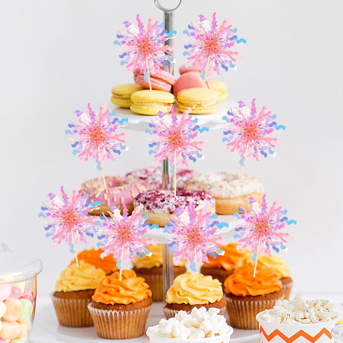 30 PCS Foil Firework Cupcake Toppers Sparkle Tinsel Cupcake Picks Happy Birthday Cake Toppers Drink Stirrers Cocktail Food Fruit Toothpicks for Baby Shower Wedding Party Decorations Supplies Orange