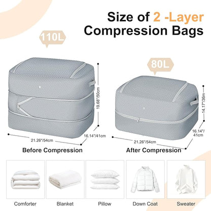 Comforter Storage Bag - 110L Large Capacity Blanket Storage Bags 2-Layer Ultra Space Saving Self Compression Organizer, Washable Compression Bags for Storage Comforter Blanket, 6-Pack, Grey