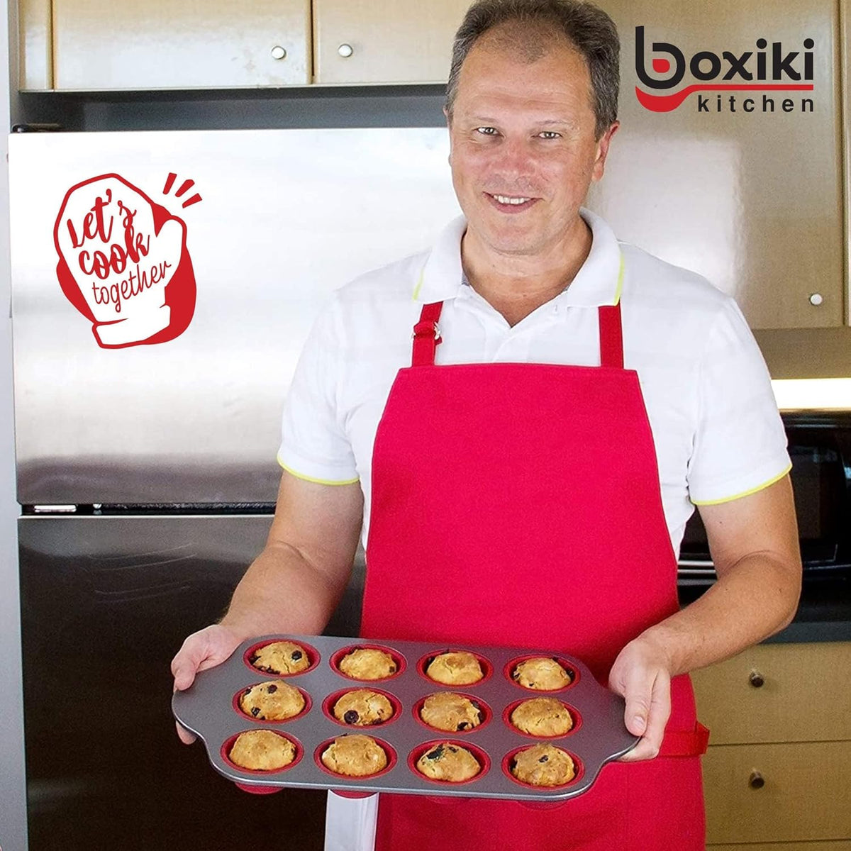 Boxiki Kitchen Non-Stick 12 Cup Silicone Muffin Pan With Steel Frame - BPA Free, Non-Toxic, Anti-Warp, Durable & Easy to Pop Silicone Muffin Tin