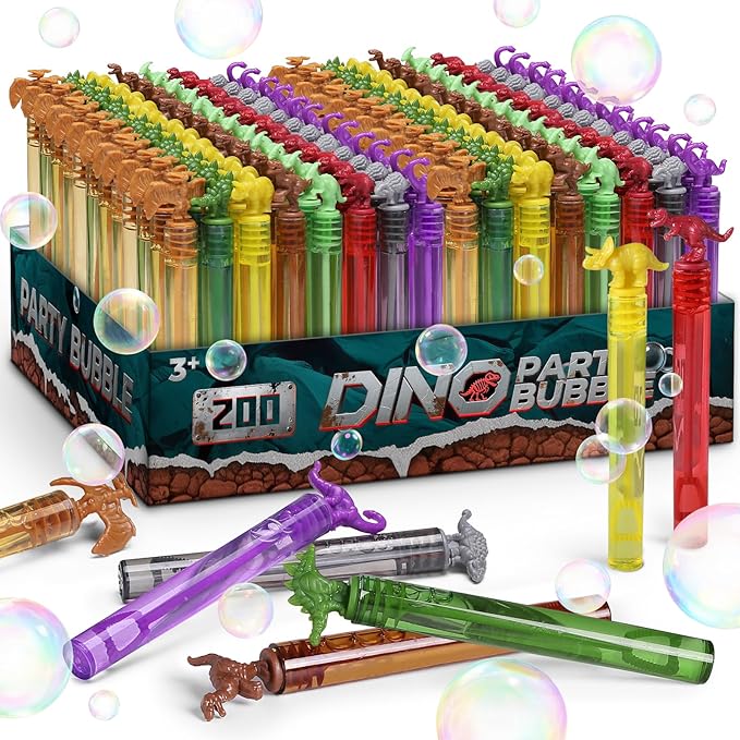 Bulk Dinosaur Bubble Wands for Kids, 200 Pack Mini Bubble, Dino Birthday Party Favors Decoration, Pinata Fillers, Goody Bag Stuffers, Classroom Treasure Box Prizes, Toddler Outdoor Gifts Toys