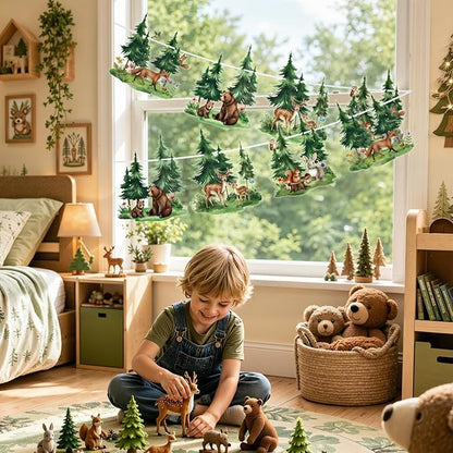 SUNBEAUTY Woodland Animals Banner 6.56FT Babyshower Party Decoration,Waterproof 2-Side Printed Garland Bunting with Tree Bear Fox Deer Rabbit for Kids Nursery Livingroom Gender Reveal Birthday