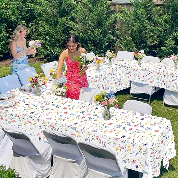 Homanu 6 Pack Wildflower Party Decorations Tablecloths, Large Size 54 X 108 Inch Rectangle Floral Tablecloth Plastic Table Cover for Birthday Party Baby Shower Decorations