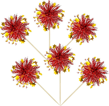 Ephlyn 30Pcs Foil Firework Cupcake Toppers Party Birthday Cake Toppers Supplies Sparkle Tinsel Cocktail Fruit Toothpick for Birthday Wedding Graduation Party Red