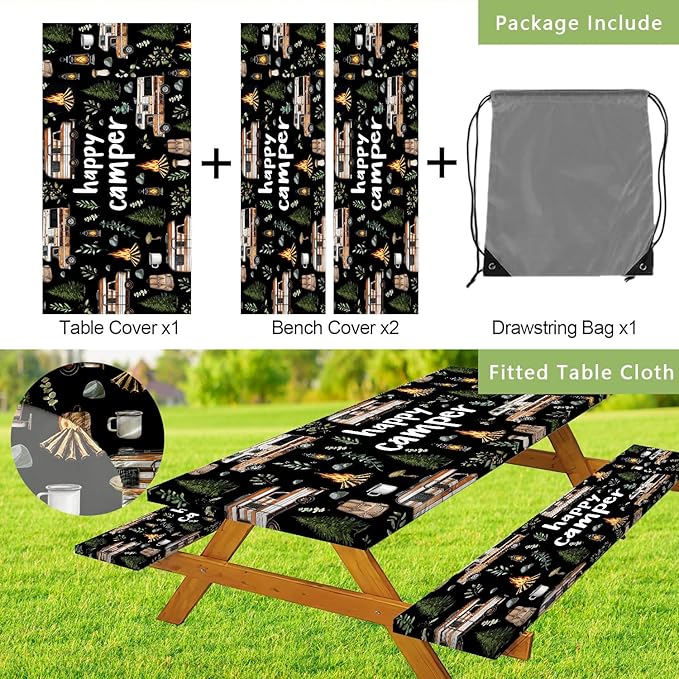 JAWO Picnic Table Cover with Bench Covers, Happy Camper Tablecloth,RV Plants Bonfire Black Rectangle Tablecloth for Indoor Outdoor Patio, 72x30 Inch