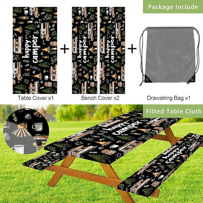 JAWO Picnic Table Cover with Bench Covers, Happy Camper Tablecloth,RV Plants Bonfire Black Rectangle Tablecloth for Indoor Outdoor Patio, 72x30 Inch
