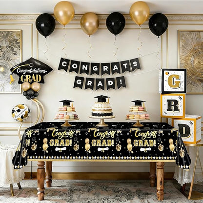 2Pcs Graduation Tablecloth, Graduation Decorations Black and Gold Class of 2026 Congrats Grad 54 x 108 inches Disposable Plastic Tablecloths for Graduation Party Decor Grad Plastic