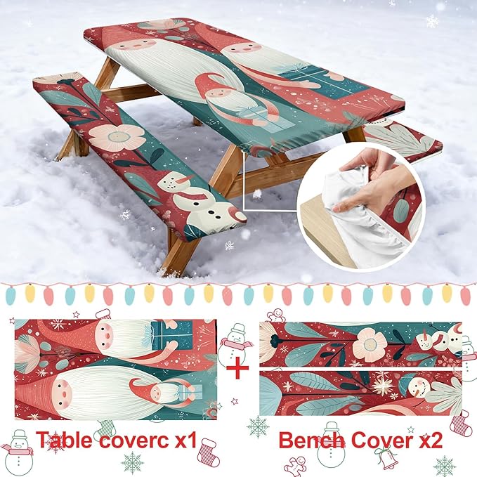 Picnic Table Cover with Bench Covers Set of 3, Elastic Fitted Tablecloth for 6 Foot Tables, Washable Polyester Tablecloths for Camping, Indoor & Outdoor