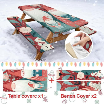 Picnic Table Cover with Bench Covers Set of 3, Elastic Fitted Tablecloth for 6 Foot Tables, Washable Polyester Tablecloths for Camping, Indoor & Outdoor