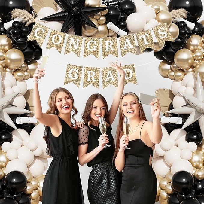 Black And Gold Balloon Arch Kit,Sand White Chrome Gold Balloons with Exploding Star Foil Balloons for New Year Decorations Graduation Retirement Adult Birthday Party Wedding Decor