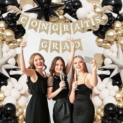 Black And Gold Balloon Arch Kit,Sand White Chrome Gold Balloons with Exploding Star Foil Balloons for New Year Decorations Graduation Retirement Adult Birthday Party Wedding Decor