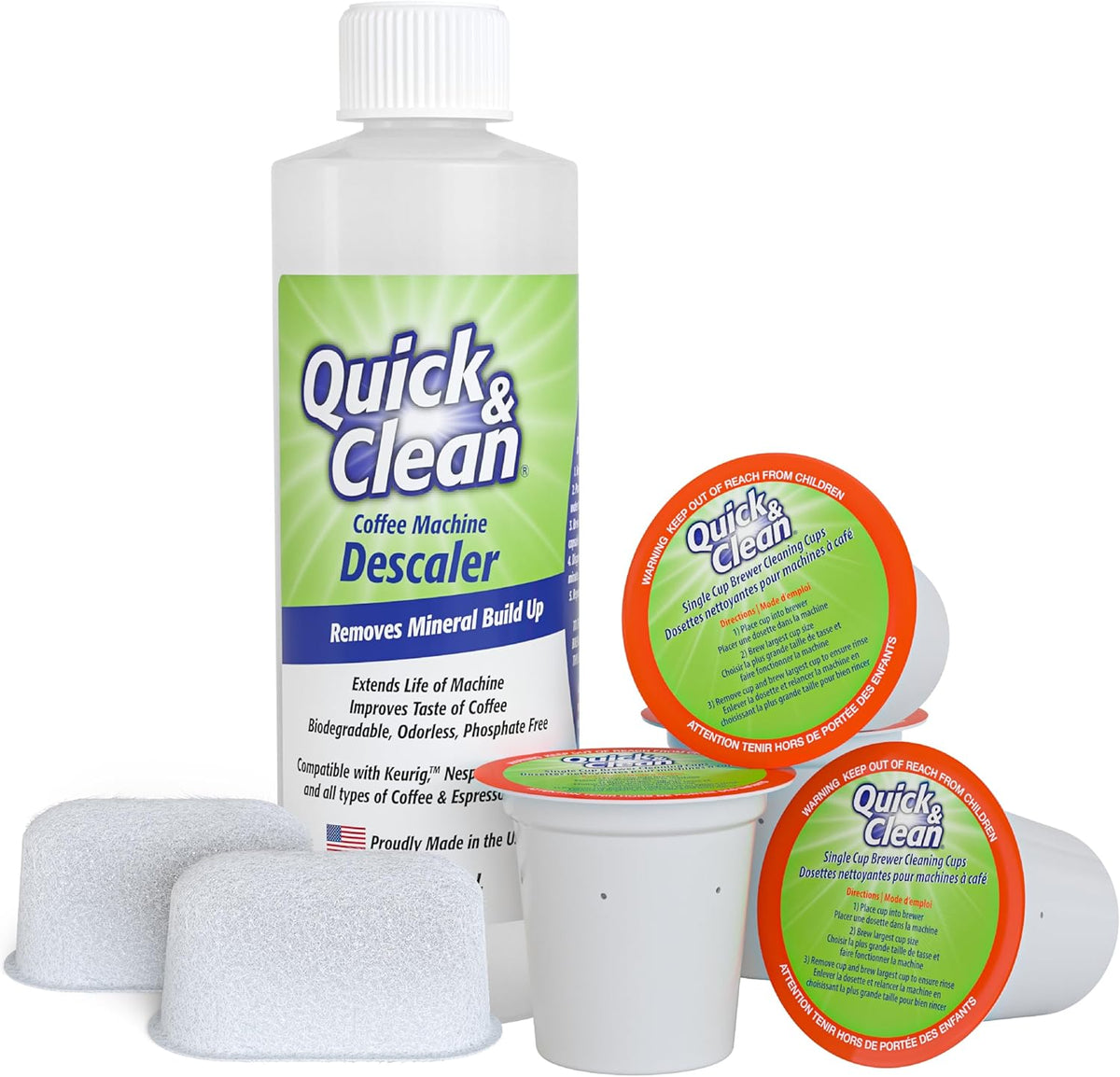 Quick & Clean 4-Pack of Cleaning Cups + 2 Filters with Descaler Bundle (2 Total Uses) - 2.0 Compatible, Descaling Solution for Keurig, Nespresso