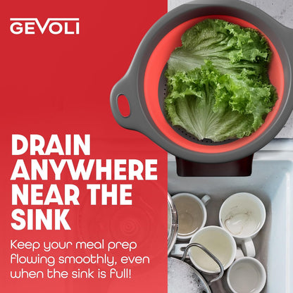 Strainer with Self-Draining Base (5QT) Over-Sink Collapsible Kitchen Colander Set with Side-drain Base for Pasta Vegetables and Fruit, XL Large Capacity, Dishwasher Safe (5-Quart) Red/Gray