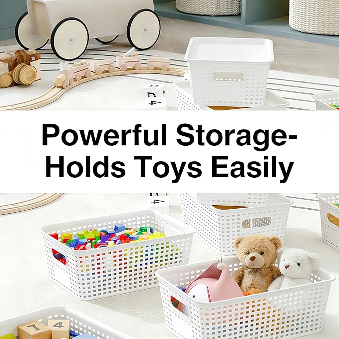 6-Pack Stackable Plastic Woven Storage Baskets with Lids, Hollow Out Weave Bins with Handles + 2 Kraft Labels (WhiteBasket+WhiteLid)