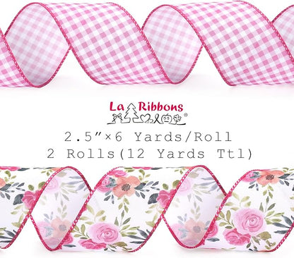 LaRibbons Floral Ribbon Wired 2 Rolls 2.5 Inch x 12 Yards TTL, Flower Pink and White Plaid Spring Summer Ribbon with Rose Printed for Wreath Crafts Wrapping Bow