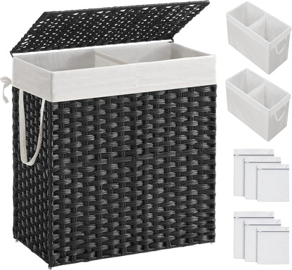 SONGMICS Laundry Hamper with Lid, 110L Clothes Hamper with 2 Removable Liner Bags, 6 Mesh Bags, Wicker Laundry Basket, Double Laundry Hamper for Laundry Room, 13 x 22.4 x 23.6 Inches Black ULCB52BK