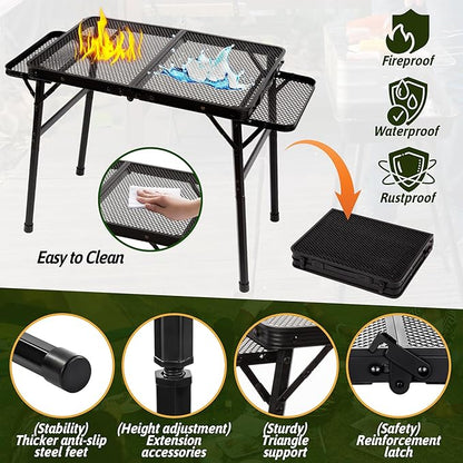 2.5 FT Picnic Table with 2 Wing Panels, Mesh Metal Folding Grill Table Height Adjustable & Lightweight & Portable Table for Outdoor Indoor Camping, Picnic, Beach and BBQ, RV