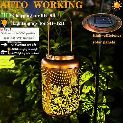 Merrytech Gardering Birthday Gifts for Mom Grandma Women,Solar Butterfly & Rose Lanterns Outdoor Waterproof,Hanging Metal Garden Decor Yard Art Lights,Outside Patio Decorations,Porch,Housewarming,1PC