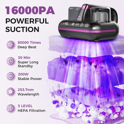 Mattress Vacuum Cleaner - 5-in-1 Cordless Bed Vacuum Cleaner, Powered by Ultrasonic Technology, 16Kpa Strong Suction,Low Noise,Suitable for Dust, Pet Hair, Etc - Grey