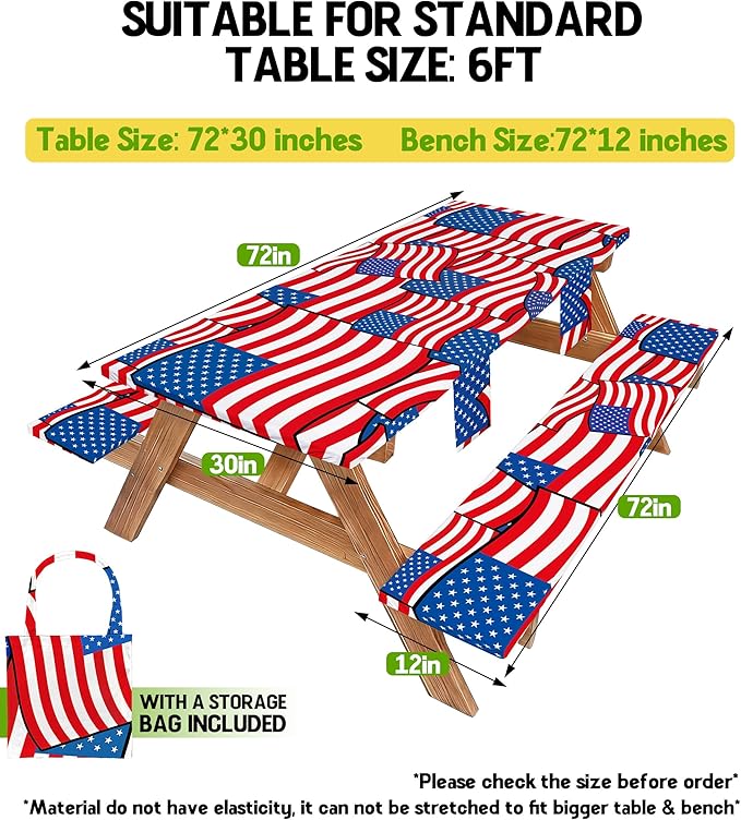 Picnic Table Cover with Bench Covers Waterproof Rectangle Tablecloth Camping Essentials Supplies Rv Travel Must Haves Gear Accessories Fitted Table Cloth Outdoor Road Trip Camper Gifts American Flag