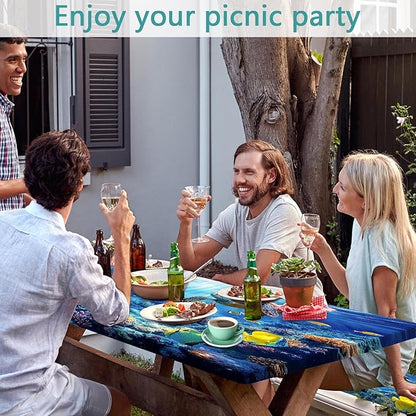 Picnic Table Cover with Bench Covers, Camping Essentials, Ocean Underwater World Table Cover, Fitted Camping Tablecloth Windproof Waterproof with Elastic Edge for Indoor Outdoor Patio 3PCS 30x96 Inch