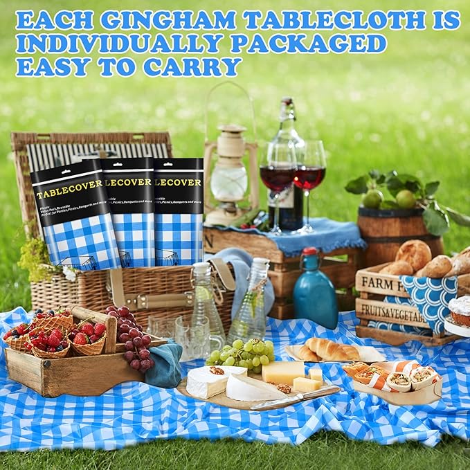 12 Pieces Plastic Checkered Tablecloth Gingham Tablecloth Rectangle Disposable Plaid Table Cloth 54 x 108 Inch 8 Foot Waterproof Picnic Table Covers for Barbecue Holiday Birthday Party(Blue Checkered)