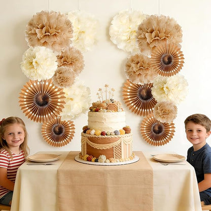 PAPER JAZZ 15 Pcs Wedding Decoration Vintage Beige Pompoms Decoration Brown Paper Fans Boho Party Decoration for Wedding Decoration Birthday Table Decoration Baby Shower