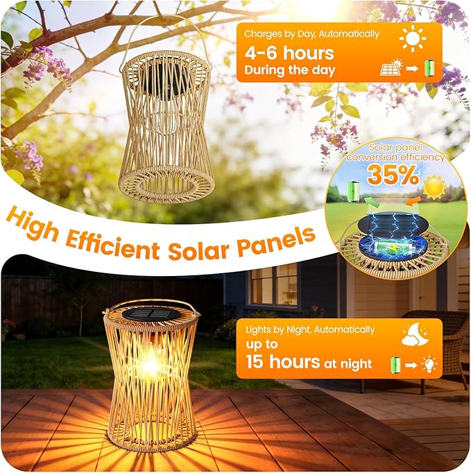 Solar Lanterns Outdoor Waterproof 1 Pack, Upgraded Rattan Hanging Solar Lights for Outside with Handle, Bright Auto On/Off Decorative Outdoor Lanterns for Patio Garden Yard Porch, Gifts for Mom