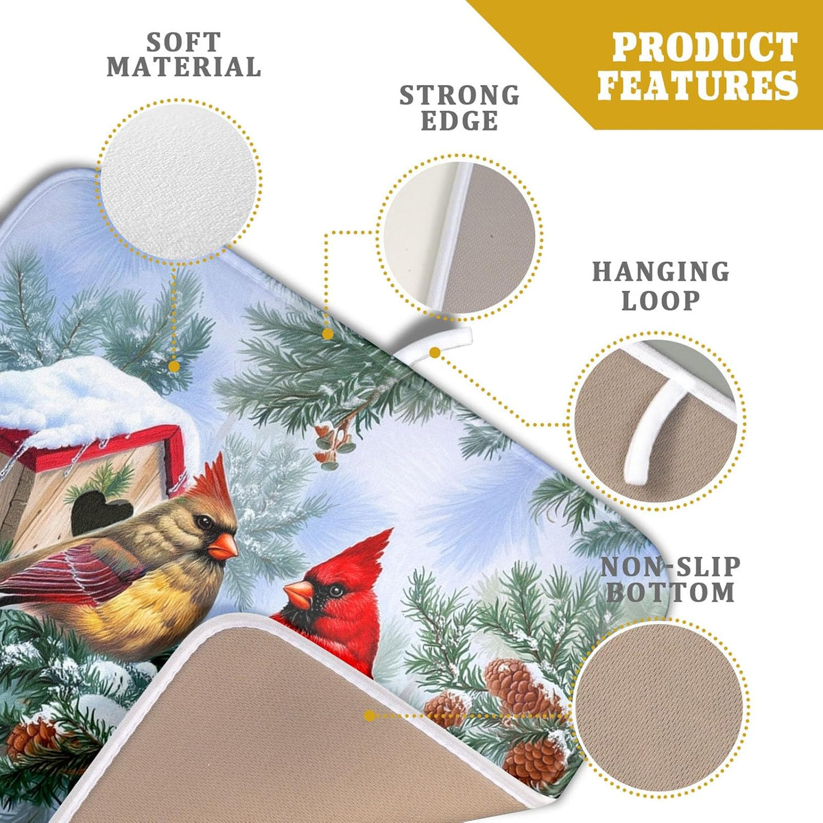 Winter Red Cardinal Bird Dish Drying Mat for Kitchen Counter,Holly Berry Branches Xmas Snowflake Cabin Drying Mat 16 x 18 Inch with High Absorbent