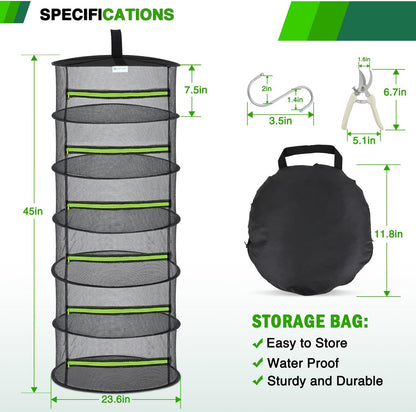 Yesker 6 Layer Herb Drying Rack Hanging Mesh Net Foldable Plant Drying Racks 24" w Green Zipper Pruning Shears Dryer Hanging Rack for Herbs Seed Bud Fruit Clothes Grow Tent Closet Garden Outdoor 2 PCS