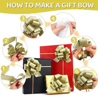 20 pcs Gold Pull Bow for Gift Basket Wrapping Xmas Gift Bows Presents Adhesive Wrap Ribbon Bow for Christmas Tree Ornament Wine Bottles Bouquet Flower Valentine's Day Party Decor (Gold-L)