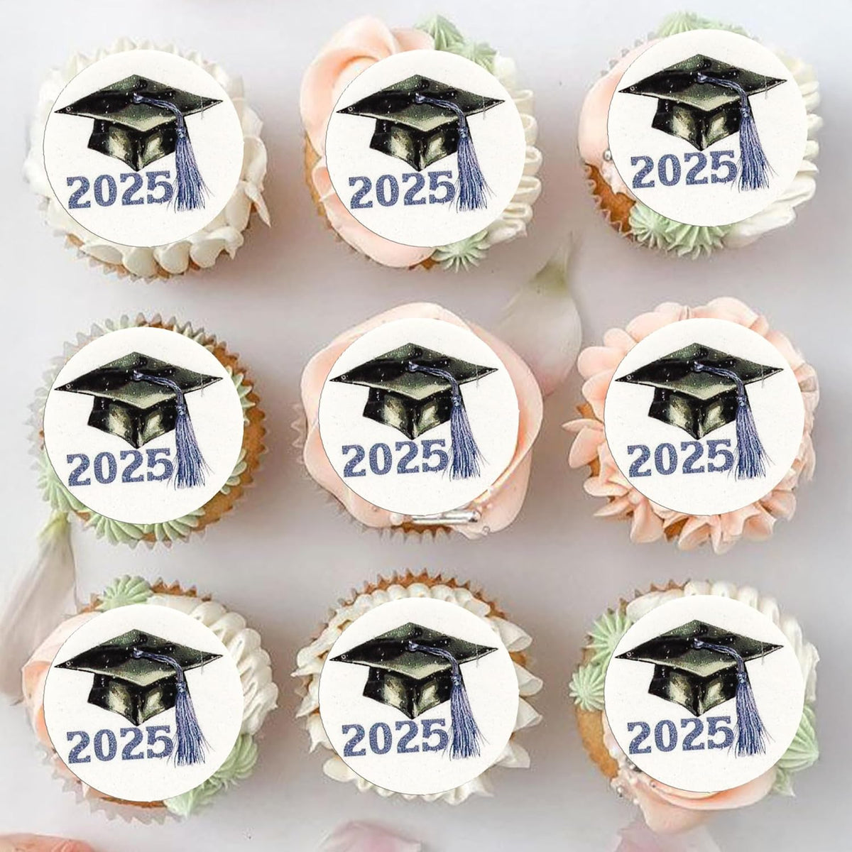 Gyufise 48Pcs Edible 2025 Graduation Cap Cupcake Toppers Wafer Paper Class of 2025 Grad Cap Cupcake Picks for 2025 Graduation Theme Party Cake Decorations Supplies Purple