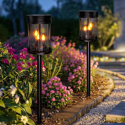 Outdoor Garden Solar Stake Lights Flickering Candle Lantern Lighting for Yard, Lawn, Patio, Pathway, Wall Decoration (2Pack, Black)