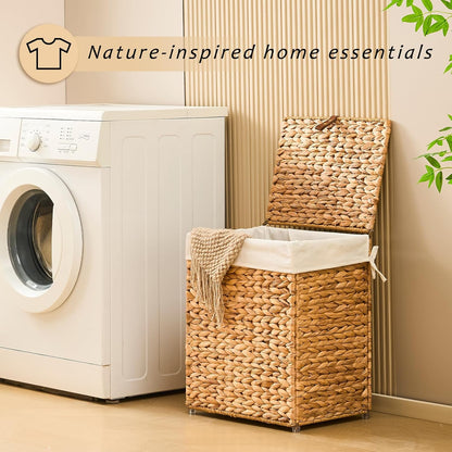 Handwoven Laundry Basket with Lid, Natural Water Hyacinth Storage Basket with Handle, Removable Cotton Liner, Durable and Stylish for Bedroom, Bathroom, Laundry Room