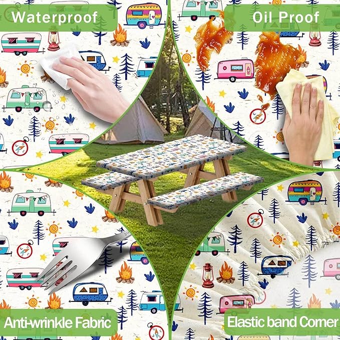 Camping Picnic Table Cover with Bench Covers, Wooden Camper RV Camping Tablecloth Fitted Picnic Table Covers for Indoor Family Garden Outdoor Party Decorations, 3 Pieces Set, 30X72in