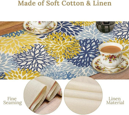 Dahlia Flower Table Runner,Blue Yellow Floral Print Table Runner for Kitchen Dining Table Dinner Holiday Home Party Indoor Outdoor Decor 13x108in