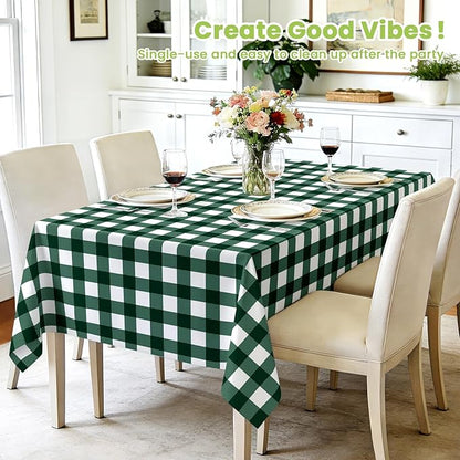 Mulbozy Dark Green Gingham Tablecloth 4 Pack, 54 x 108 Inch Plastic Table Cloth Disposable, Green and White Checkered Table Cover for Party Supplies