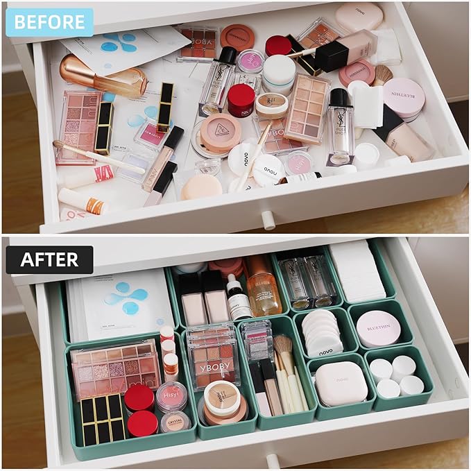 CHANCETSUI 11-Piece Stackable Drawer Organizer Set, Multi-size Desk Drawer Organizer Trays Vanity Storage Bins for Storing Makeup, Stationery, Utensils in Bathroom Dresser, Office and Kitchen