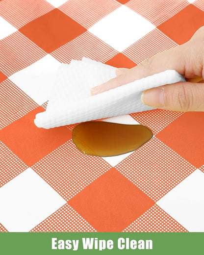 Smiry 12 Packs Gingham Disposable Table Cloth, 54 x 108 Inch Waterproof Plastic Tablecloth, Rectangle Orange and White Checkered Table Covers for Picnic, Birthday, Party