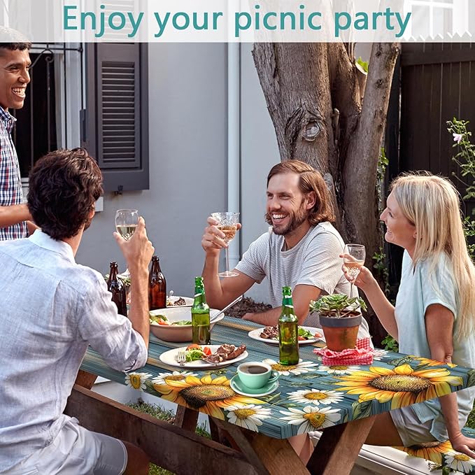 Picnic Table Cover with Bench Covers Camping Essentials Waterproof Windproof Camping Tablecloth with Drawstring Bag, Fitted Rectangle Tables and Seats, 72in, Teal Wooden Sunflower
