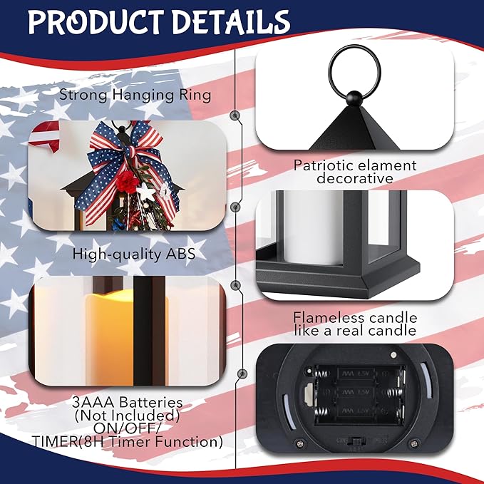 Patriotic Lanterns Decorative Indoor, 2 Pack Black Lantern with Timer Flameless Candle, 14" Battery Waterproof Outdoor Hanging 4th of July Lanterns for Porch, Patio, Patriotic Decorations