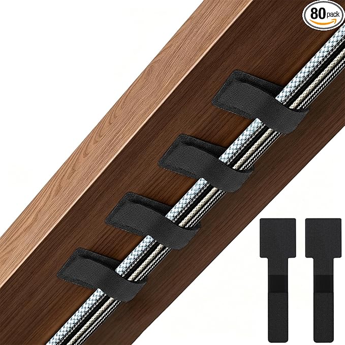 80Pcs Hook and Loop Cable Ties Under Desk Cable Management Adhesive Strips for Cord Hider Wire Organizer Computer Accessories for Desk Home Office Organization Essentials - Black