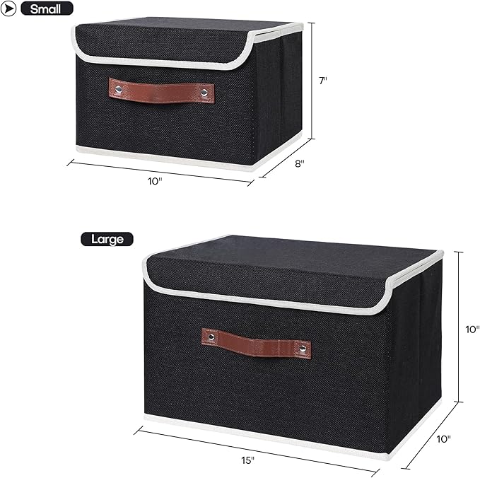 ANMINY 2PCS Storage Bins with Lid PU Leather Handles Storage Boxes PP Plastic Board Decorative Foldable Lidded Cotton Linen Fabric Home Cubes Baskets Closet Organizer Containers - Black, Large Size