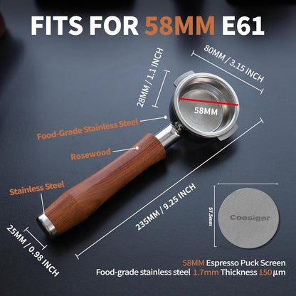 58mm Bottomless Portafilter, Fits for E61 Group Head 2 Ears machines, Stainless Steel portafilter and Rosewood Handle