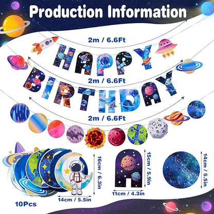 SUNBEAUTY Solar System Birthday Party Decorations Outer Space Happy Birthday Banner Planet Rocket Astronaut Hanging Swirls for Kids Boy Baby Shower First Trip Around The Sun School Supplies