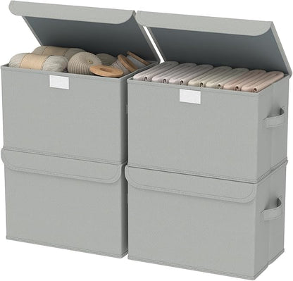 Storage Bins with Lids for Organizing, Closet Boxes with 2 Carrying Handles and Sturdy Heavy Cardboard, Home Organizers Cubes, 4 Pack, Grey, 15 x 9.8 x 9.8 In, XSNY12GL-4