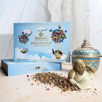 Brewix, Discover Calm Premium Herbal Tea Christmas Gift Box (3.53oz/50+ Cups), Tea Gift Sets For Tea Lover, 6 Unique Herbal Teas, Best for Birthdays