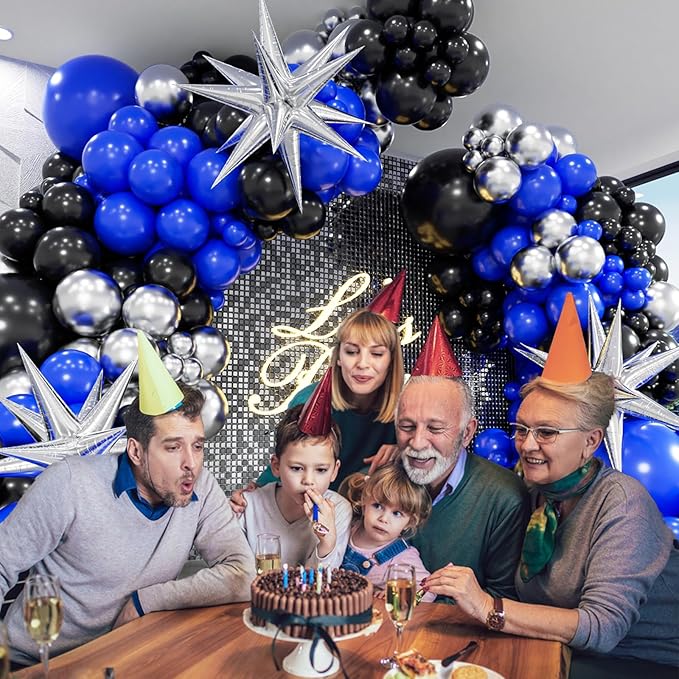 FOTIOMRG Royal Blue and Black Balloon Garland Arch Kit with 3pcs Star Balloon, Navy Blue Balloons Metallic Sliver Black Balloons for 30th 40th 50th Birthday Graduation New Years Party Decorations