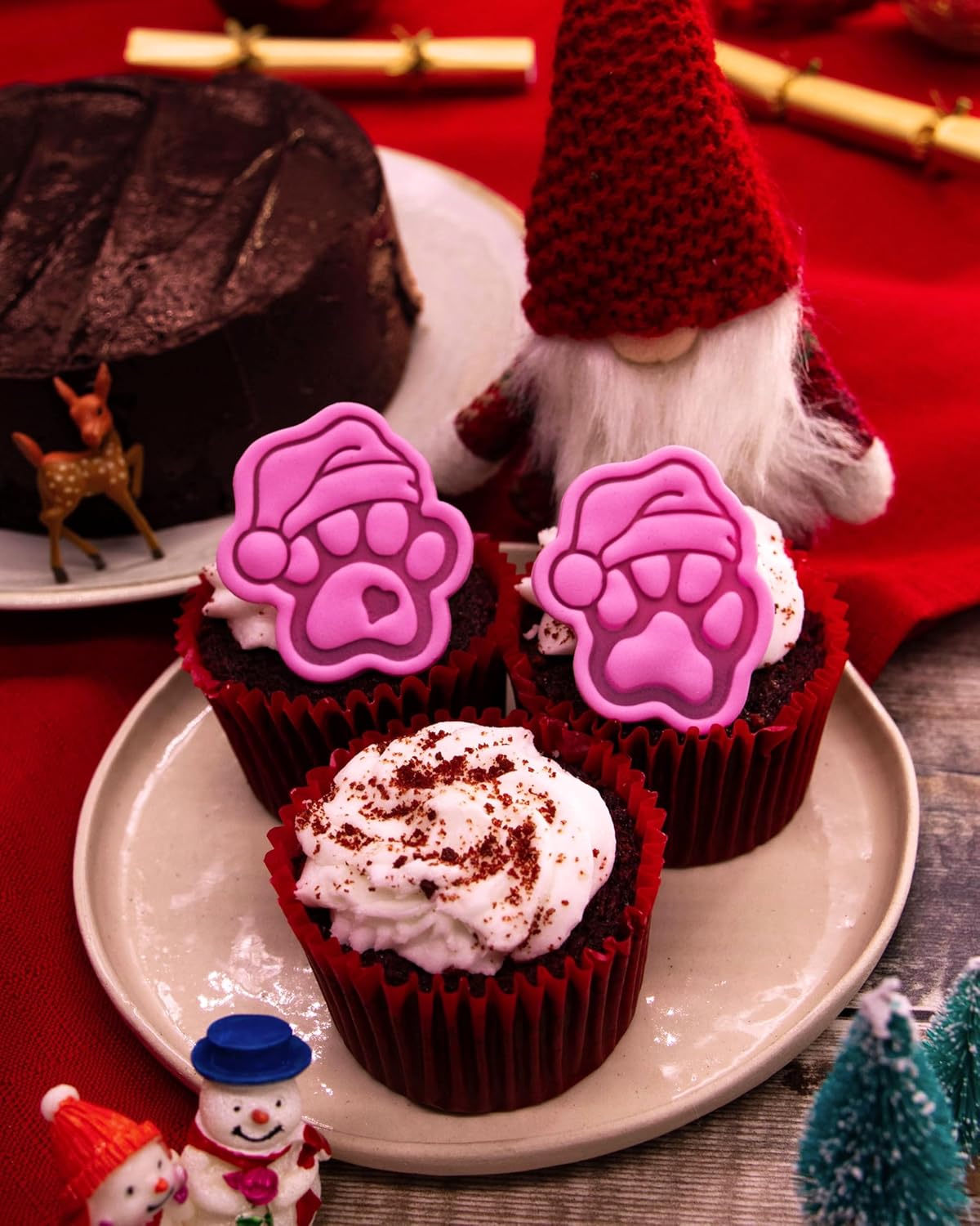 Bakerlogy Paw-lalalala – Mini Santa Paw Cookie Cutter & Stamp Set (2") – Set of 2 Paw Prints with Santa Hat for Christmas Pet-Themed Fondant